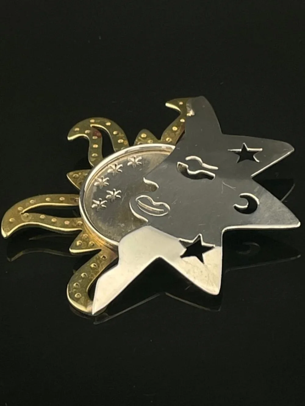Vintage Mexico 925 Sterling Silver & Brass Celestial Sun Moon Brooch Pin Artisan